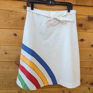 Vintage 70s Rainbow Striped Wrap Skirt M/L White Midi Boho Hippie Retro Novelty